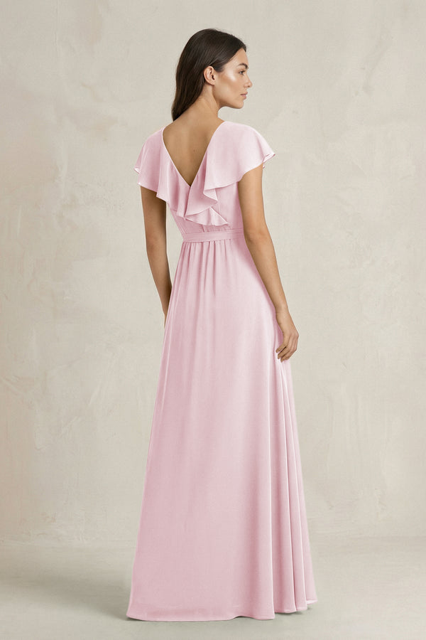 V - Neck A - Line Ruffled Chiffon Bridesmaid Dress With Bow in Candy Pink - KissProm Bridesmaid Dresses