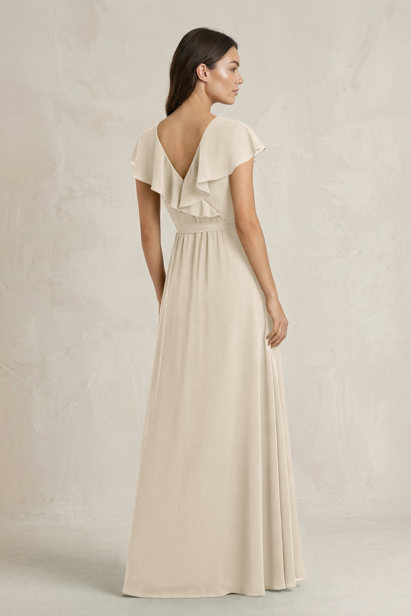 V - Neck A - Line Ruffled Chiffon Bridesmaid Dress With Bow in Champagne - KissProm Bridesmaid Dresses