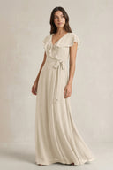 V - Neck A - Line Ruffled Chiffon Bridesmaid Dress With Bow in Champagne - KissProm Bridesmaid Dresses
