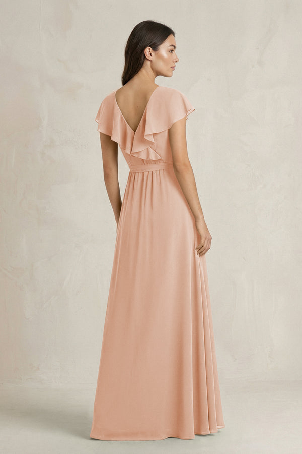 V - Neck A - Line Ruffled Chiffon Bridesmaid Dress With Bow in Champagne Rose - KissProm Bridesmaid Dresses