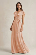V - Neck A - Line Ruffled Chiffon Bridesmaid Dress With Bow in Champagne Rose - KissProm Bridesmaid Dresses
