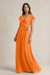 V - Neck A - Line Ruffled Chiffon Bridesmaid Dress With Bow in Cinnamon - KissProm Bridesmaid Dresses