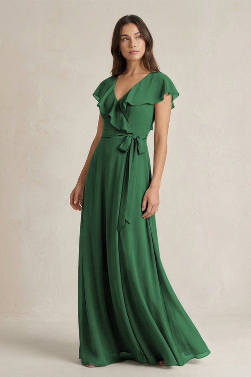 V - Neck A - Line Ruffled Chiffon Bridesmaid Dress With Bow in Dark Green - KissProm Bridesmaid Dresses