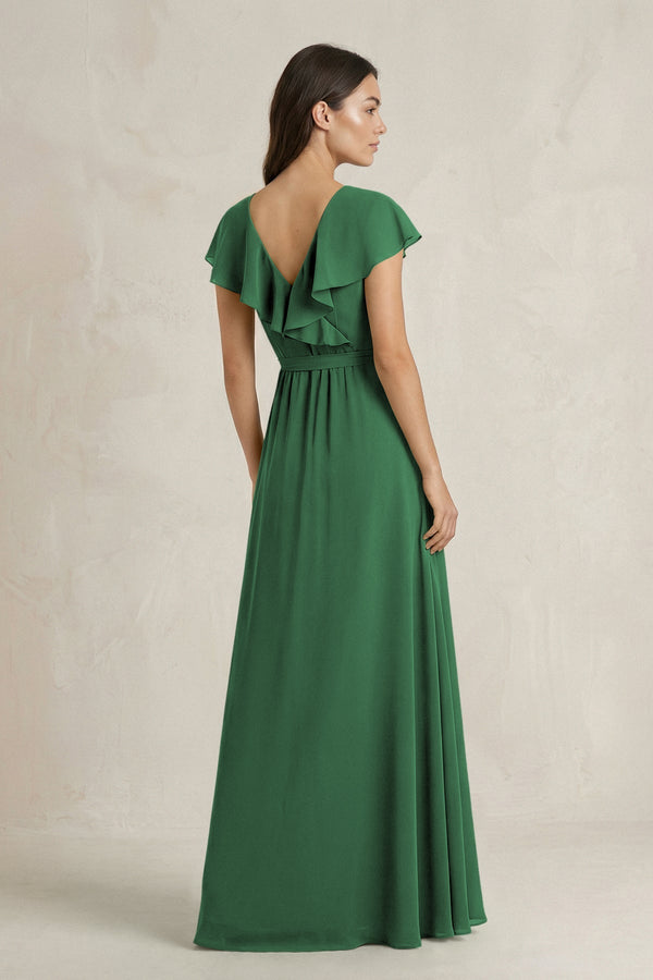 V - Neck A - Line Ruffled Chiffon Bridesmaid Dress With Bow in Dark Green - KissProm Bridesmaid Dresses