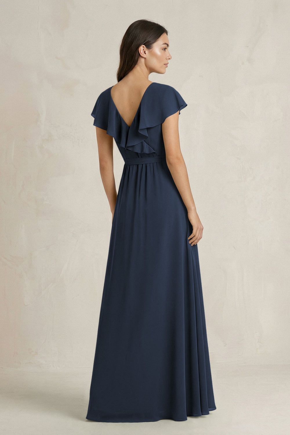 V - Neck A - Line Ruffled Chiffon Bridesmaid Dress With Bow in Dark Navy - KissProm Bridesmaid Dresses