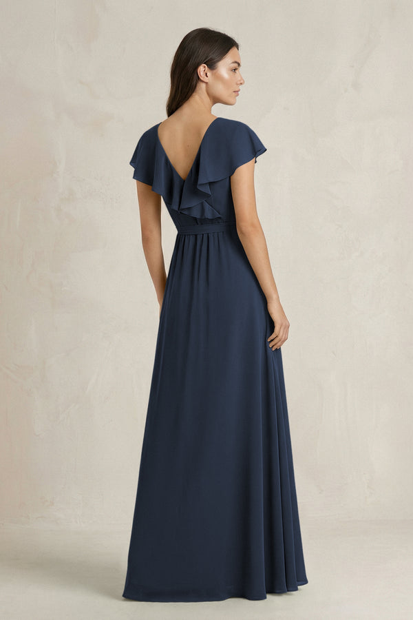 V - Neck A - Line Ruffled Chiffon Bridesmaid Dress With Bow in Dark Navy - KissProm Bridesmaid Dresses