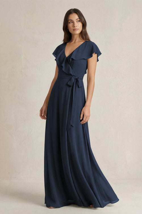V - Neck A - Line Ruffled Chiffon Bridesmaid Dress With Bow in Dark Navy - KissProm Bridesmaid Dresses