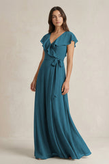 V - Neck A - Line Ruffled Chiffon Bridesmaid Dress With Bow in Dark Teal - KissProm Bridesmaid Dresses