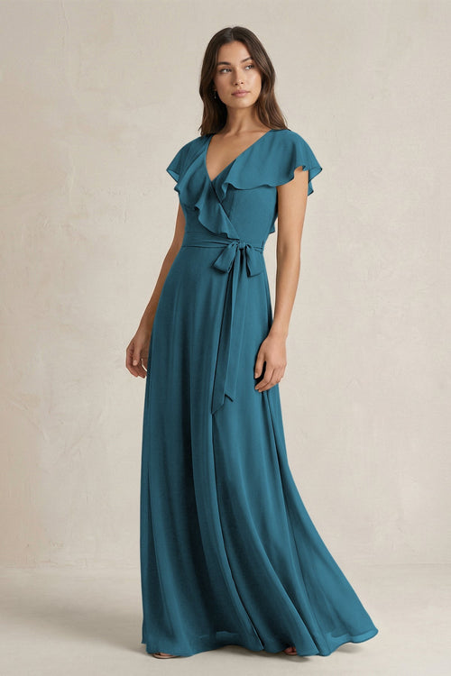 V - Neck A - Line Ruffled Chiffon Bridesmaid Dress With Bow in Dark Teal - KissProm Bridesmaid Dresses