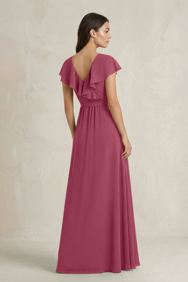 V - Neck A - Line Ruffled Chiffon Bridesmaid Dress With Bow in Desert Rose - KissProm Bridesmaid Dresses