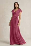 V - Neck A - Line Ruffled Chiffon Bridesmaid Dress With Bow in Desert Rose - KissProm Bridesmaid Dresses