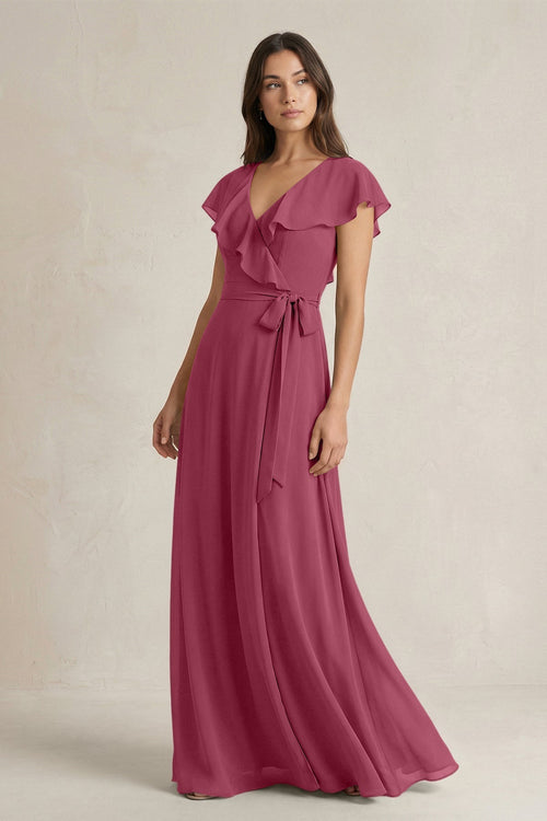 V - Neck A - Line Ruffled Chiffon Bridesmaid Dress With Bow in Desert Rose - KissProm Bridesmaid Dresses