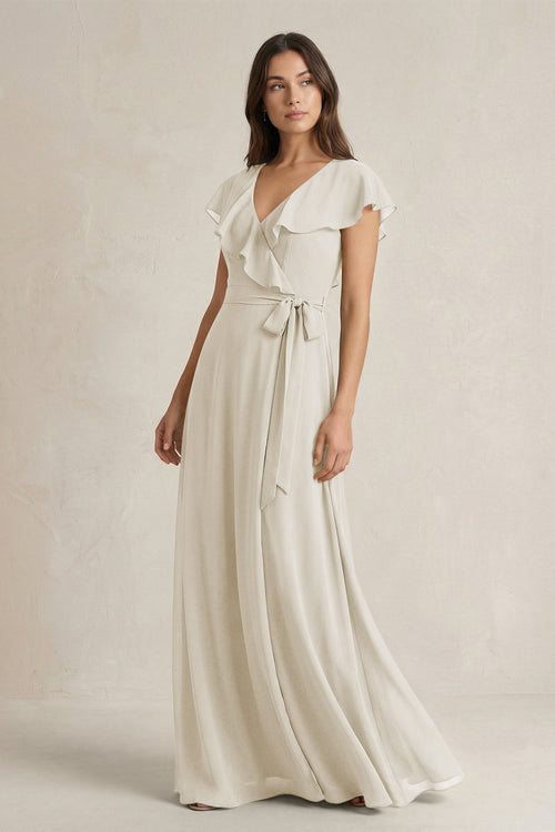 V - Neck A - Line Ruffled Chiffon Bridesmaid Dress With Bow in Dove Gray - KissProm Bridesmaid Dresses