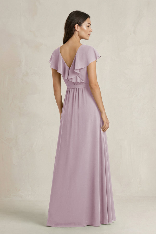 V - Neck A - Line Ruffled Chiffon Bridesmaid Dress With Bow in Dusk - KissProm Bridesmaid Dresses