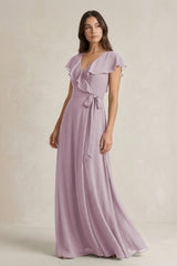 V - Neck A - Line Ruffled Chiffon Bridesmaid Dress With Bow in Dusk - KissProm Bridesmaid Dresses