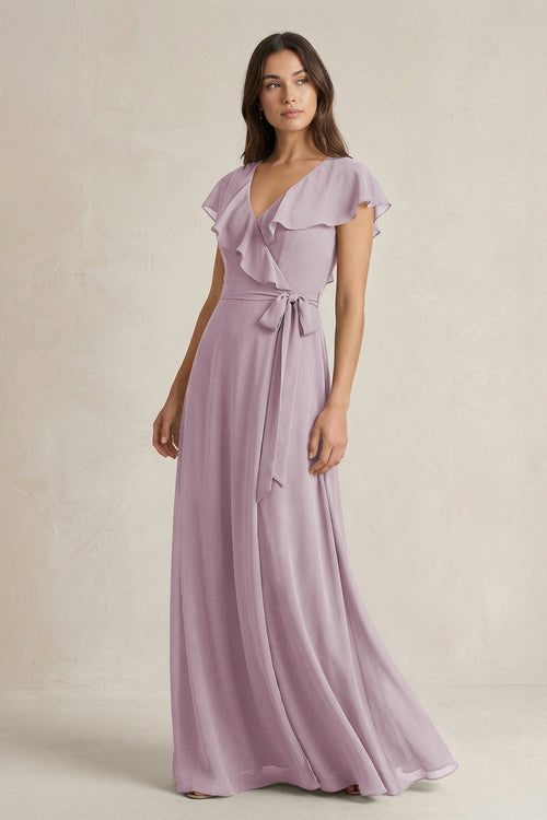 V - Neck A - Line Ruffled Chiffon Bridesmaid Dress With Bow in Dusk - KissProm Bridesmaid Dresses
