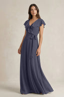 V - Neck A - Line Ruffled Chiffon Bridesmaid Dress With Bow in Dusk Blue - KissProm Bridesmaid Dresses