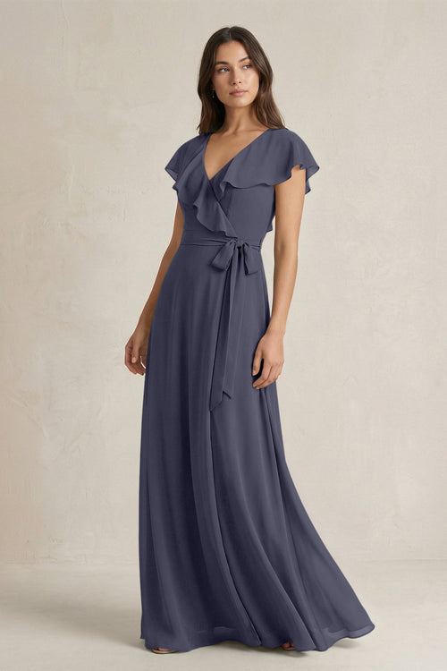 V - Neck A - Line Ruffled Chiffon Bridesmaid Dress With Bow in Dusk Blue - KissProm Bridesmaid Dresses