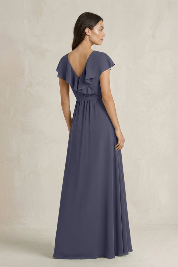 V - Neck A - Line Ruffled Chiffon Bridesmaid Dress With Bow in Dusk Blue - KissProm Bridesmaid Dresses