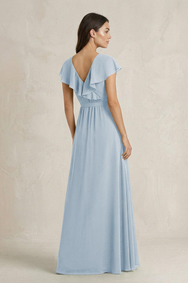 V - Neck A - Line Ruffled Chiffon Bridesmaid Dress With Bow in Dusty Blue - KissProm Bridesmaid Dresses