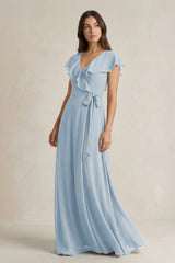 V - Neck A - Line Ruffled Chiffon Bridesmaid Dress With Bow in Dusty Blue - KissProm Bridesmaid Dresses