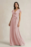 V - Neck A - Line Ruffled Chiffon Bridesmaid Dress With Bow in Dusty Rose - KissProm Bridesmaid Dresses