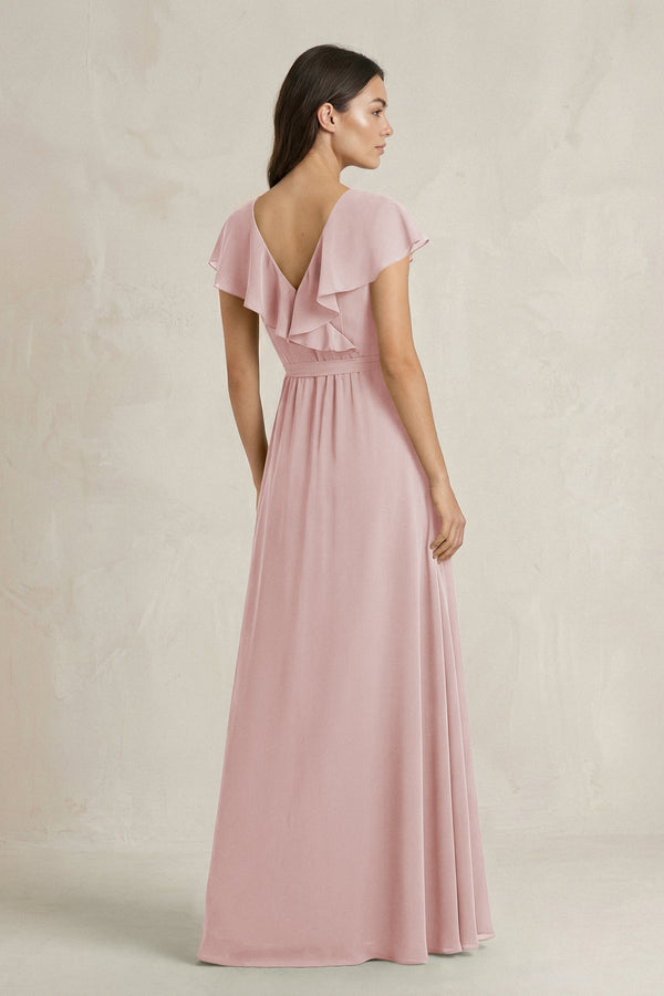 V - Neck A - Line Ruffled Chiffon Bridesmaid Dress With Bow in Dusty Rose - KissProm Bridesmaid Dresses