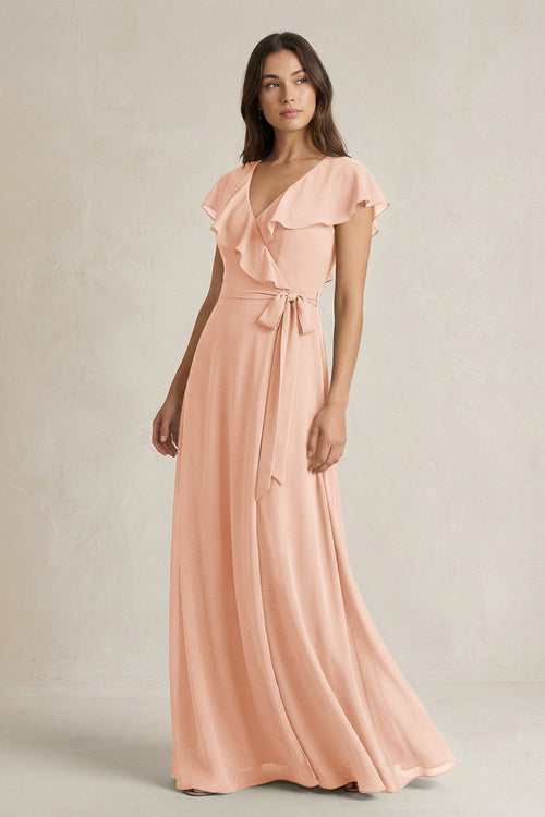 V - Neck A - Line Ruffled Chiffon Bridesmaid Dress With Bow in English Rose - KissProm Bridesmaid Dresses