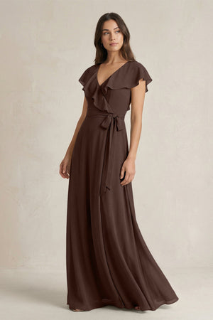 V - Neck A - Line Ruffled Chiffon Bridesmaid Dress With Bow in Espresso - KissProm Bridesmaid Dresses