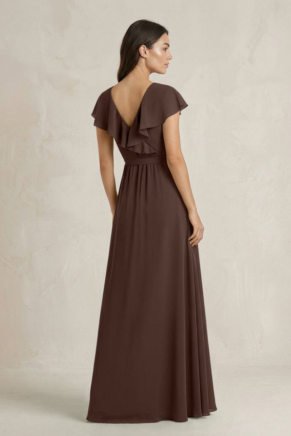 V - Neck A - Line Ruffled Chiffon Bridesmaid Dress With Bow in Espresso - KissProm Bridesmaid Dresses