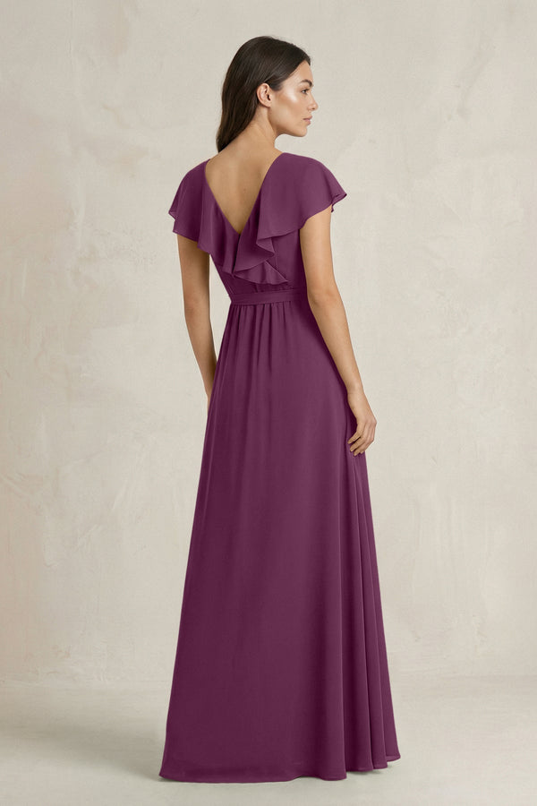 V - Neck A - Line Ruffled Chiffon Bridesmaid Dress With Bow in Fig - KissProm Bridesmaid Dresses