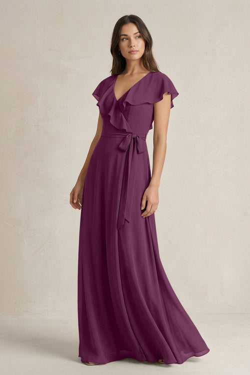 V - Neck A - Line Ruffled Chiffon Bridesmaid Dress With Bow in Fig - KissProm Bridesmaid Dresses