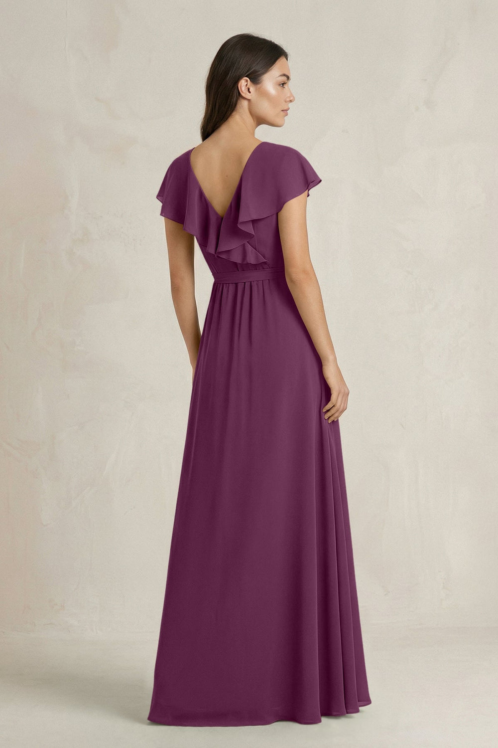 V - Neck A - Line Ruffled Chiffon Bridesmaid Dress With Bow in Fig - KissProm Bridesmaid Dresses