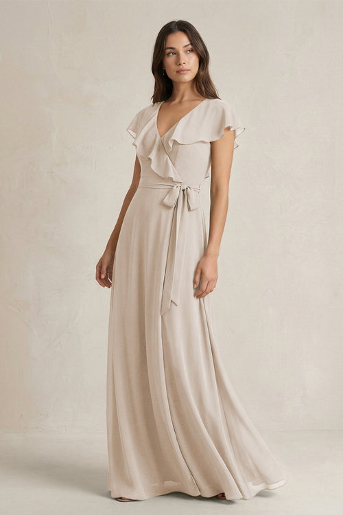 V - Neck A - Line Ruffled Chiffon Bridesmaid Dress With Bow in Frost - KissProm Bridesmaid Dresses
