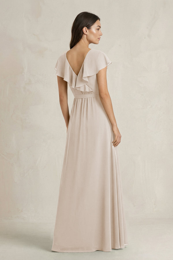 V - Neck A - Line Ruffled Chiffon Bridesmaid Dress With Bow in Frost - KissProm Bridesmaid Dresses