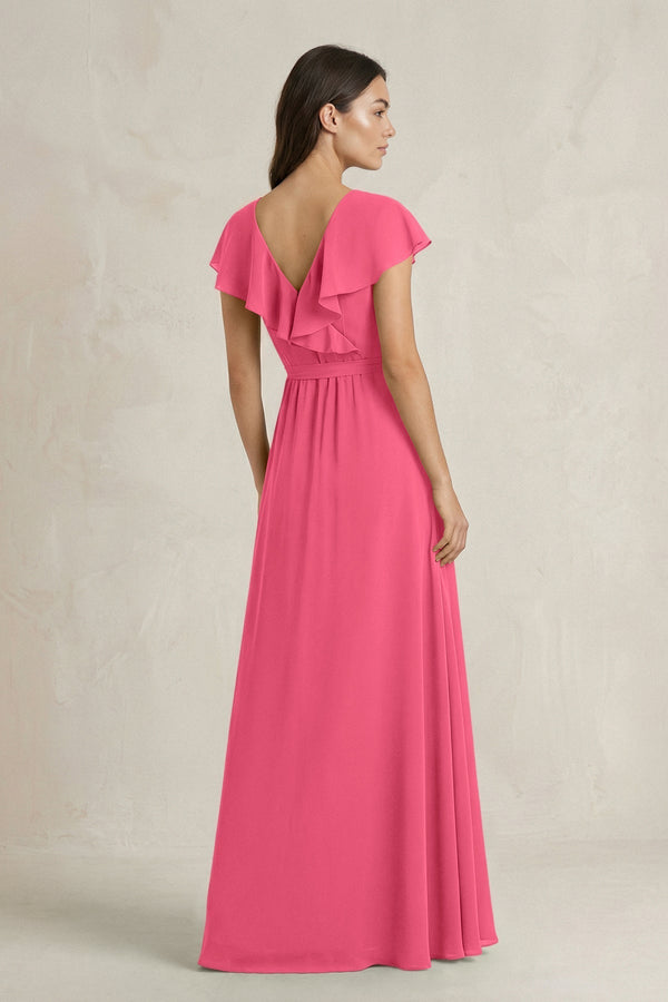 V - Neck A - Line Ruffled Chiffon Bridesmaid Dress With Bow in Fuchsia - KissProm Bridesmaid Dresses