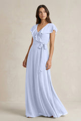 V - Neck A - Line Ruffled Chiffon Bridesmaid Dress With Bow in Ice - KissProm Bridesmaid Dresses