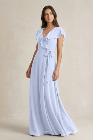 V - Neck A - Line Ruffled Chiffon Bridesmaid Dress With Bow in Ice - KissProm Bridesmaid Dresses