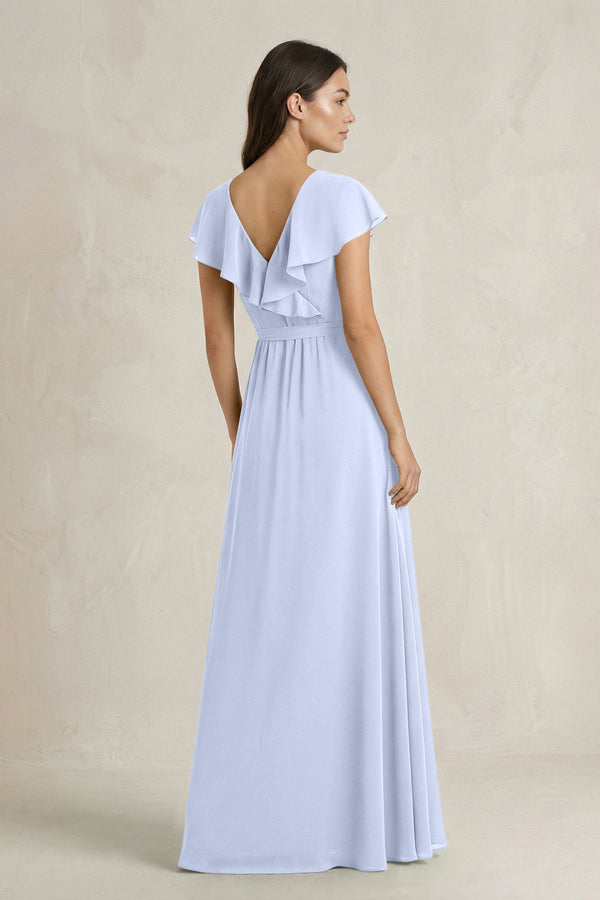 V - Neck A - Line Ruffled Chiffon Bridesmaid Dress With Bow in Ice - KissProm Bridesmaid Dresses