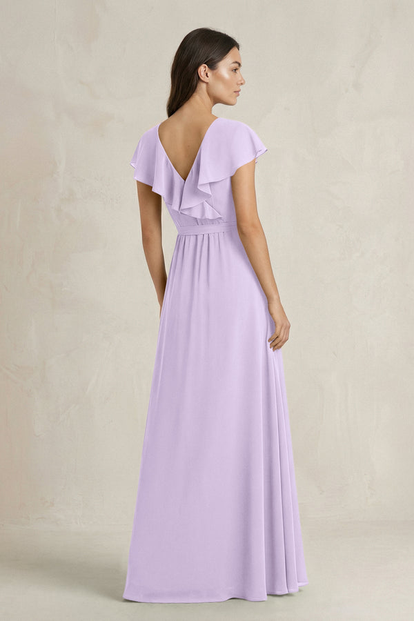 V - Neck A - Line Ruffled Chiffon Bridesmaid Dress With Bow in Lavender - KissProm Bridesmaid Dresses