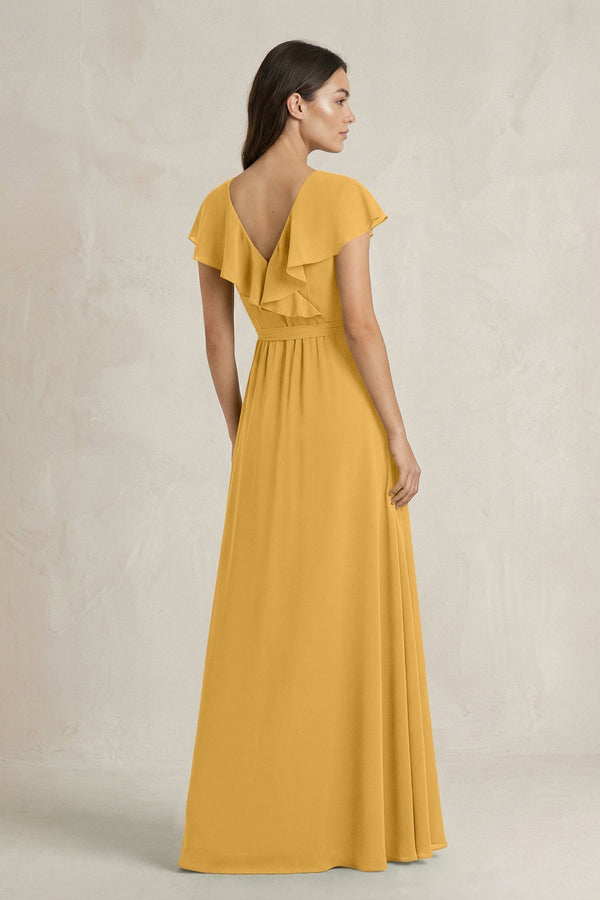 V - Neck A - Line Ruffled Chiffon Bridesmaid Dress With Bow in Marigold - KissProm Bridesmaid Dresses