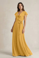 V - Neck A - Line Ruffled Chiffon Bridesmaid Dress With Bow in Marigold - KissProm Bridesmaid Dresses