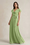 V - Neck A - Line Ruffled Chiffon Bridesmaid Dress With Bow in Matcha - KissProm Bridesmaid Dresses