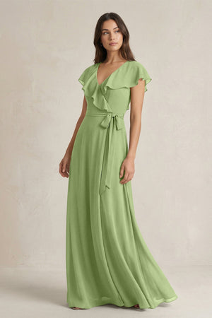 V - Neck A - Line Ruffled Chiffon Bridesmaid Dress With Bow in Matcha - KissProm Bridesmaid Dresses