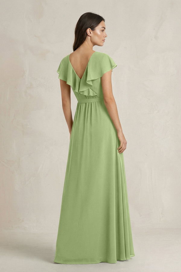 V - Neck A - Line Ruffled Chiffon Bridesmaid Dress With Bow in Matcha - KissProm Bridesmaid Dresses