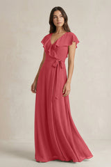 V - Neck A - Line Ruffled Chiffon Bridesmaid Dress With Bow in Merlot - KissProm Bridesmaid Dresses