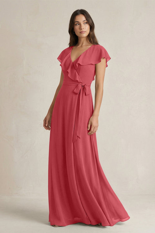 V - Neck A - Line Ruffled Chiffon Bridesmaid Dress With Bow in Merlot - KissProm Bridesmaid Dresses