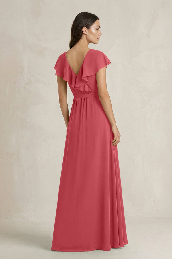 V - Neck A - Line Ruffled Chiffon Bridesmaid Dress With Bow in Merlot - KissProm Bridesmaid Dresses