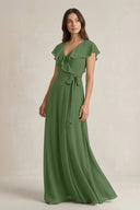 V - Neck A - Line Ruffled Chiffon Bridesmaid Dress With Bow in Moss - KissProm Bridesmaid Dresses