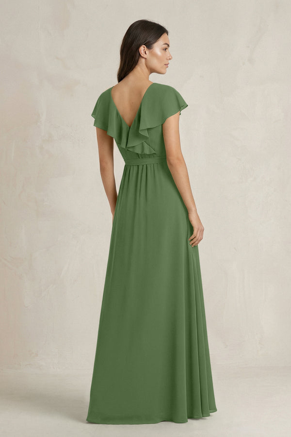V - Neck A - Line Ruffled Chiffon Bridesmaid Dress With Bow in Moss - KissProm Bridesmaid Dresses